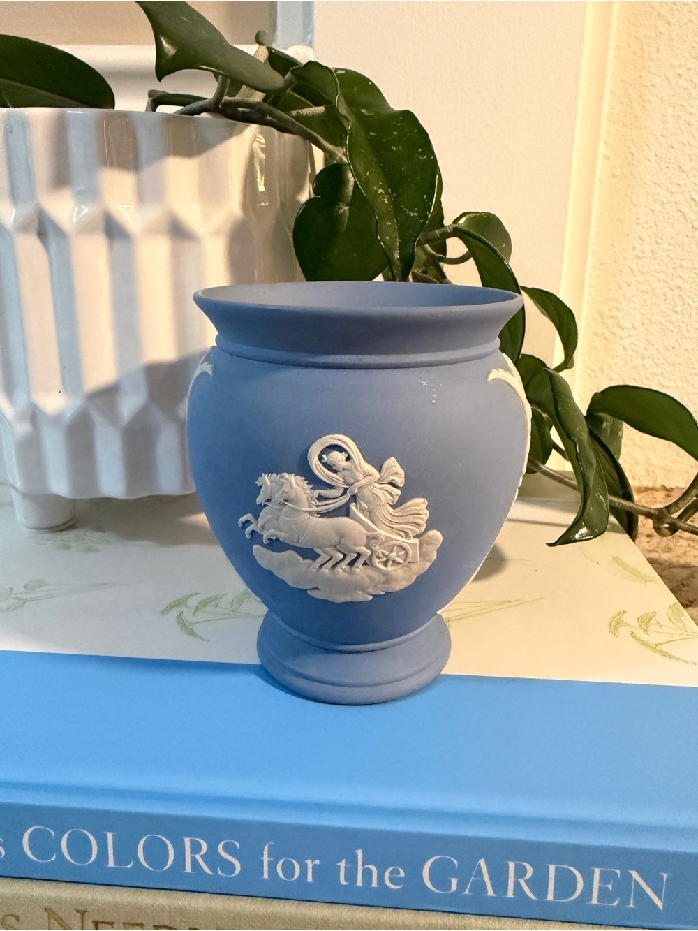 Wedgwood Blue Matte Urn Vase with White Relief Horse Motif